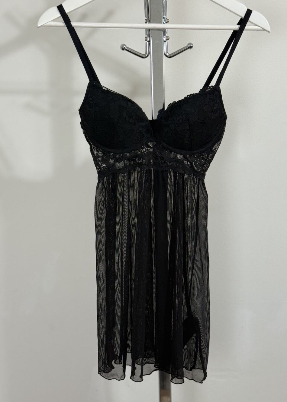 Black Lace Babydoll Chemise Lingerie Dress Padded Push Up Bra Women’s Size 4